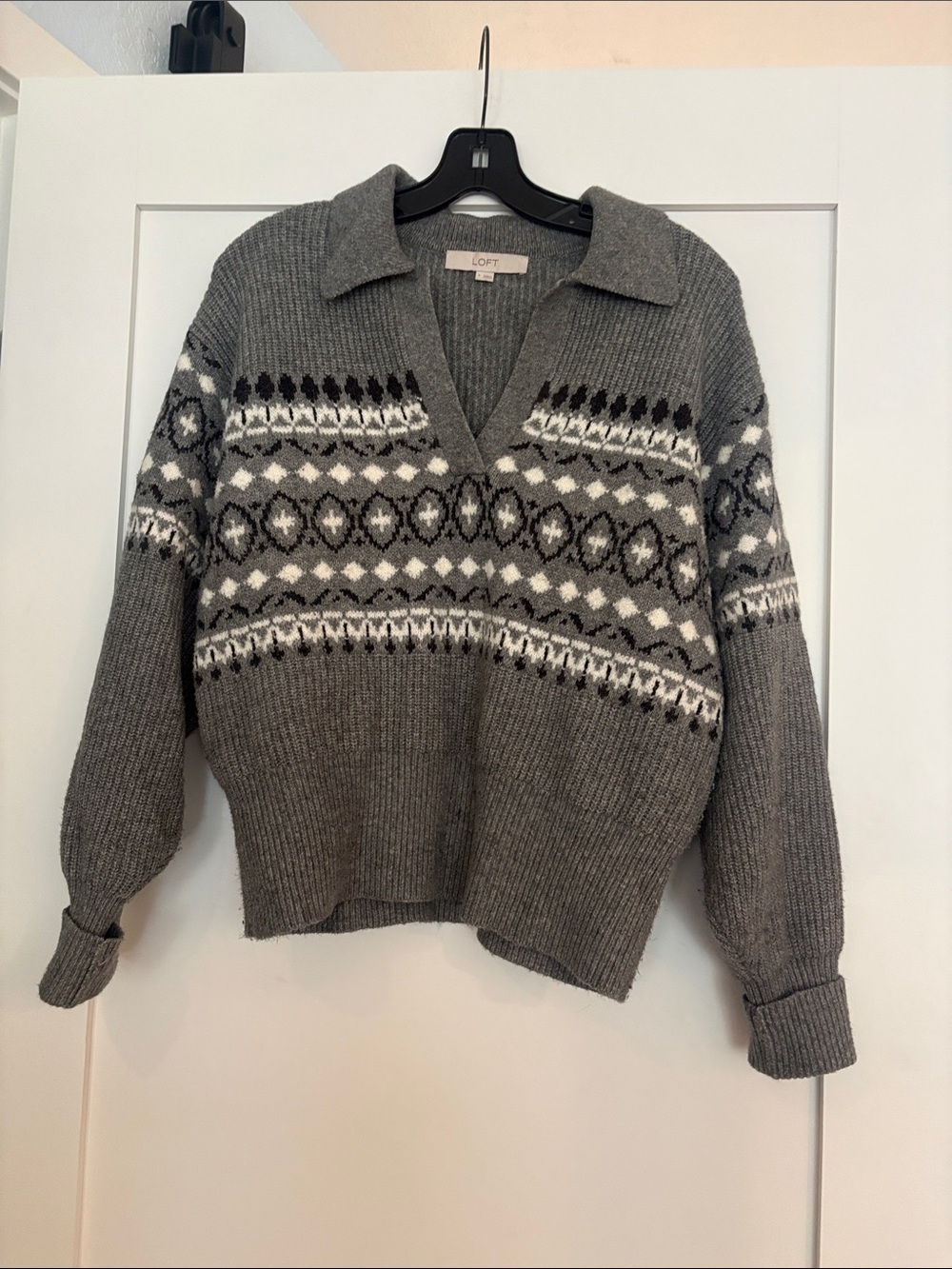 LOFT Gray & Cream Fair Isle Collared V-Neck Sweater